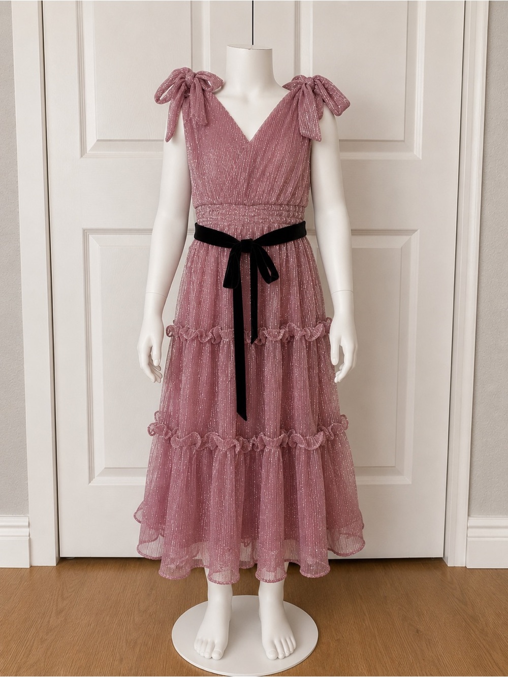 Girls' Sparkle Bow-Shoulder Pink Formal Dress with Black Velvet Sash
